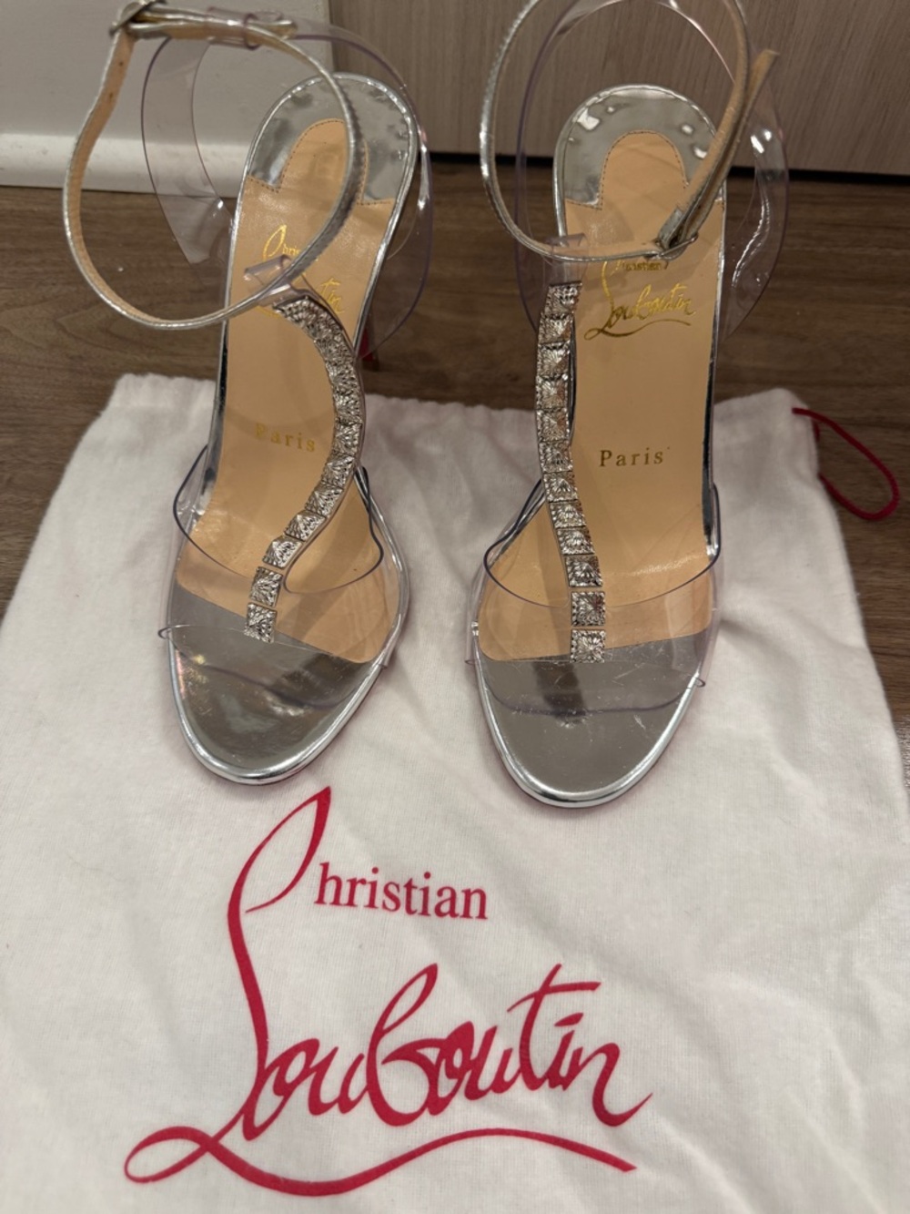 Christian Louboutin Silver Crystal T-Strap Clear Sandals